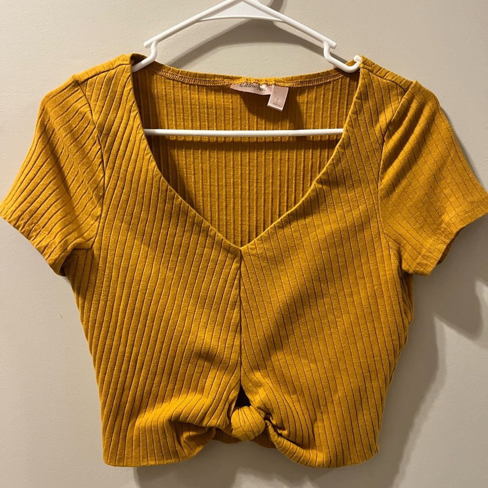 Willow & Root Mustard Yellow Ribbed Knot Front crop top